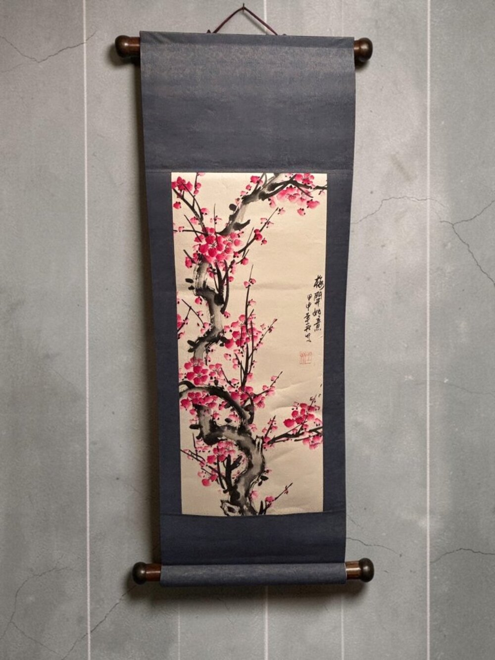 Vintage Hand-Painted Plum Blossom Wall Scroll With Calligraphy - Asian-Inspired